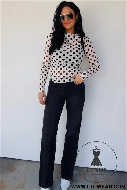 White polka dot mesh long sleeve stand neck sheath top - long sleeve tops