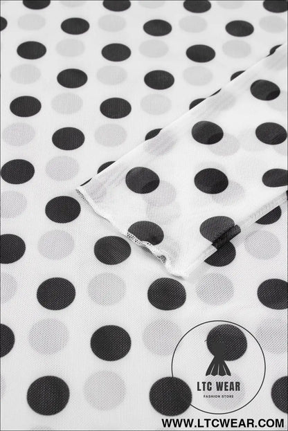 White polka dot mesh long sleeve stand neck sheath top - long sleeve tops