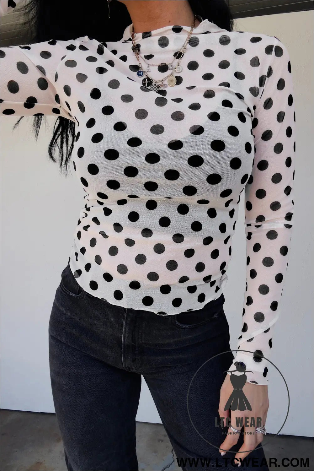 White polka dot mesh long sleeve stand neck sheath top - long sleeve tops