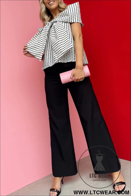 White Polka Dot Off Shoulder Bow Knot Short Sleeve Blouse - L.T.C Wear Online Fashion Store