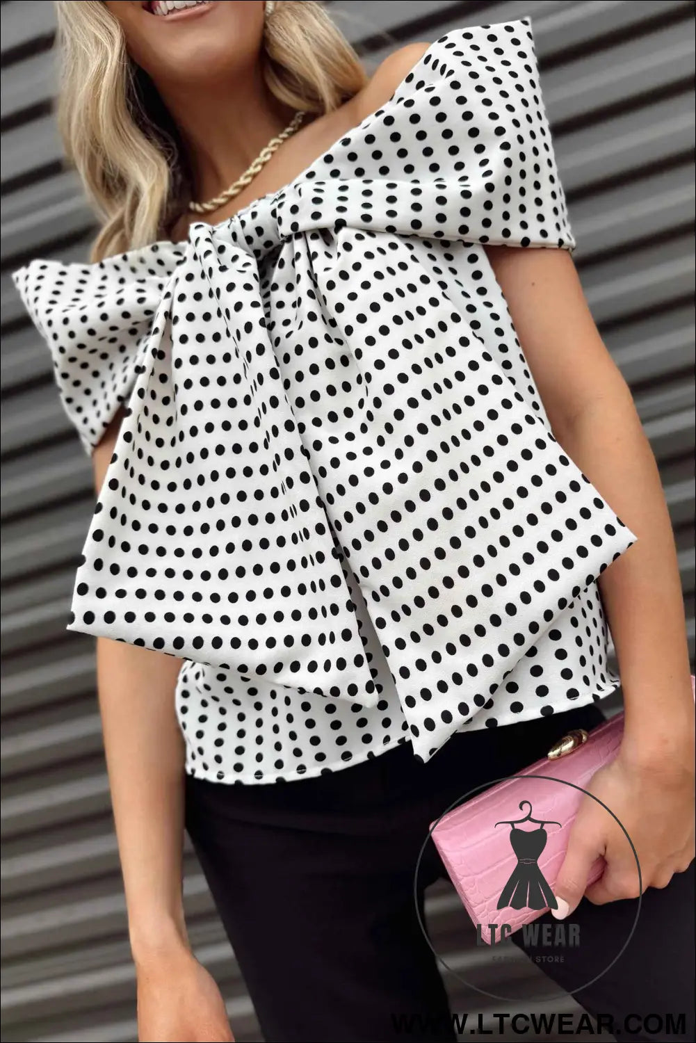 White Polka Dot Off Shoulder Bow Knot Short Sleeve Blouse