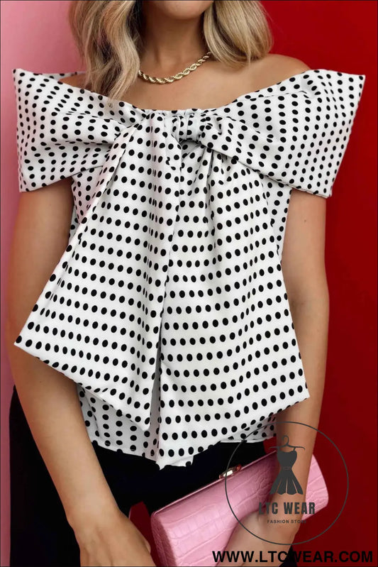 White Polka Dot Off Shoulder Bow Knot Short Sleeve Blouse