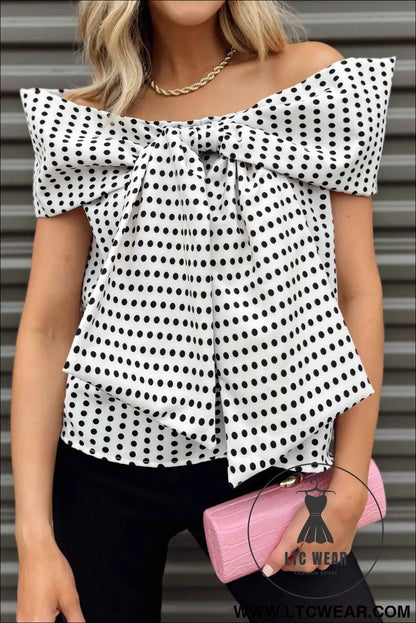 White Polka Dot Off Shoulder Bow Knot Short Sleeve Blouse