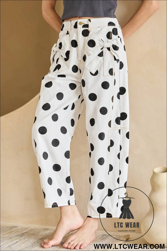 White polka dot print bow detail pocketed jeans - white / 10 / 98% cotton + 2% elastane - jeans