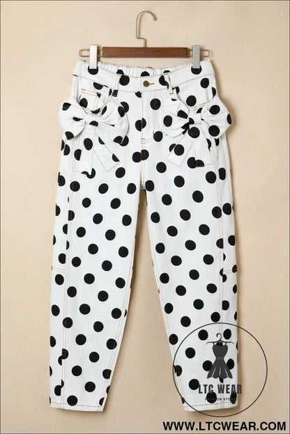White polka dot print bow detail pocketed jeans - jeans