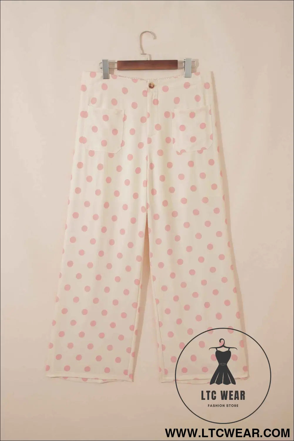White Polka Dot Print Patched Pocket Mid-rise Straight Leg Pants