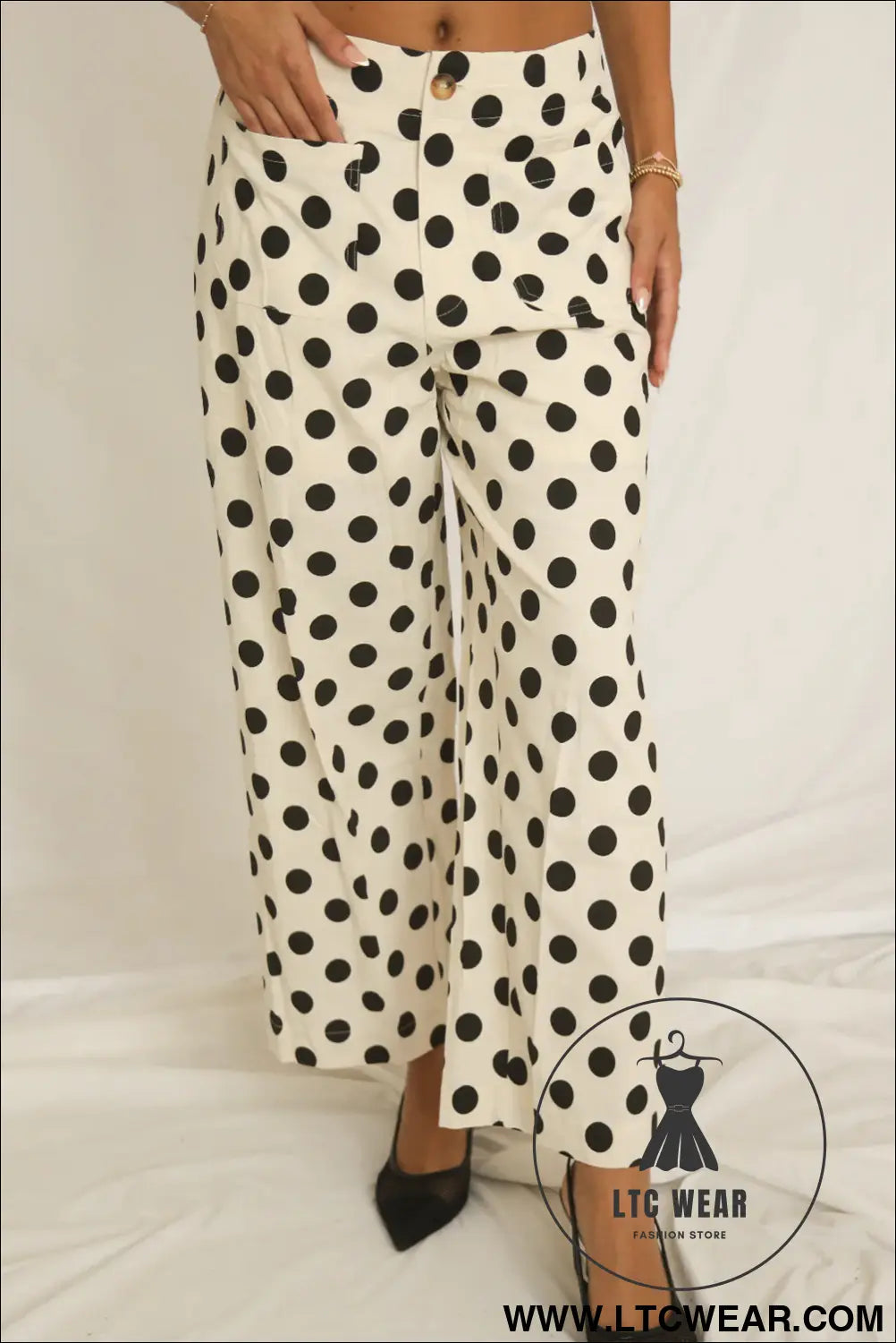 White Polka Dot Print Patched Pocket Mid-rise Straight Leg Pants - L.T.C Wear Online Fashion Store