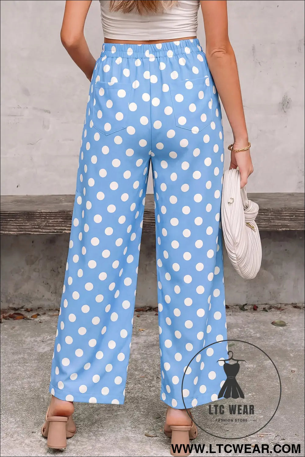 White Polka Dot Print Patched Pocket Mid-rise Straight Leg Pants - L.T.C Wear Online Fashion Store