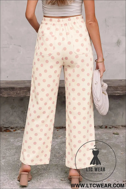 White Polka Dot Print Patched Pocket Mid-rise Straight Leg Pants