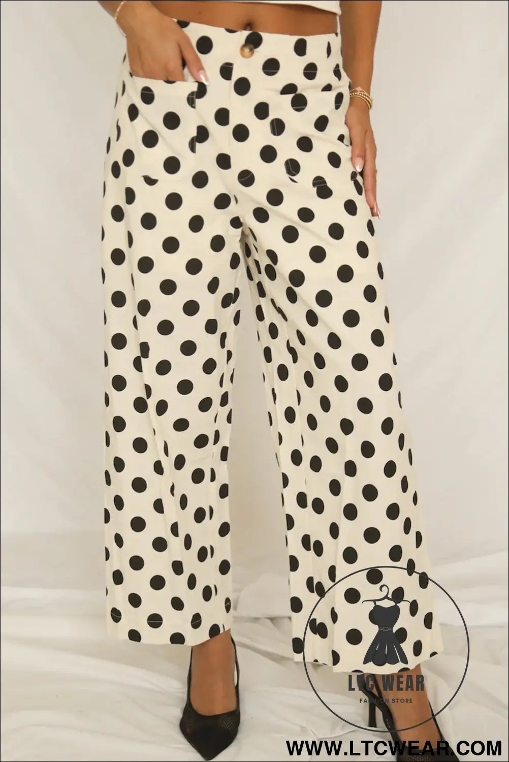 White Polka Dot Print Patched Pocket Mid-rise Straight Leg Pants - L.T.C Wear Online Fashion Store