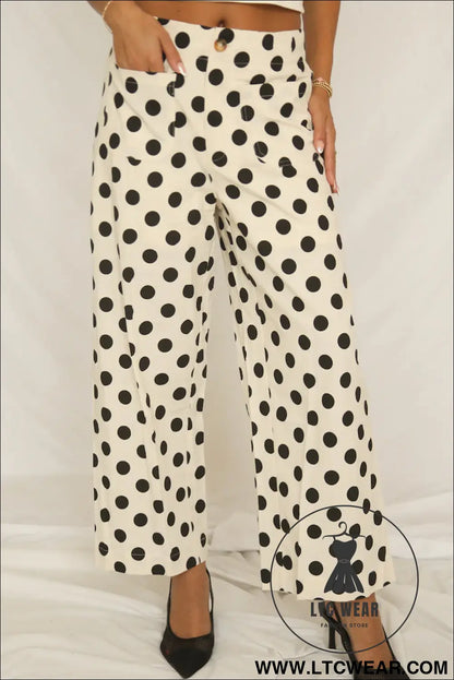 White Polka Dot Print Patched Pocket Mid-rise Straight Leg Pants - L.T.C Wear Online Fashion Store