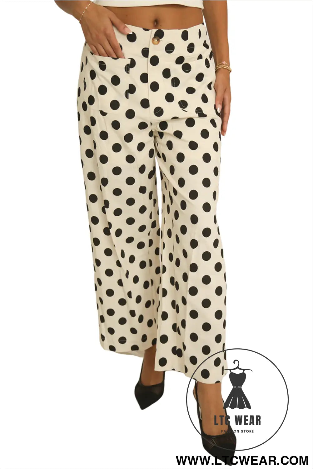 White Polka Dot Print Patched Pocket Mid-rise Straight Leg Pants - L.T.C Wear Online Fashion Store