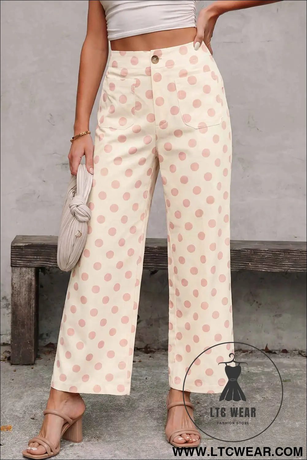 White Polka Dot Print Patched Pocket Mid-rise Straight Leg Pants