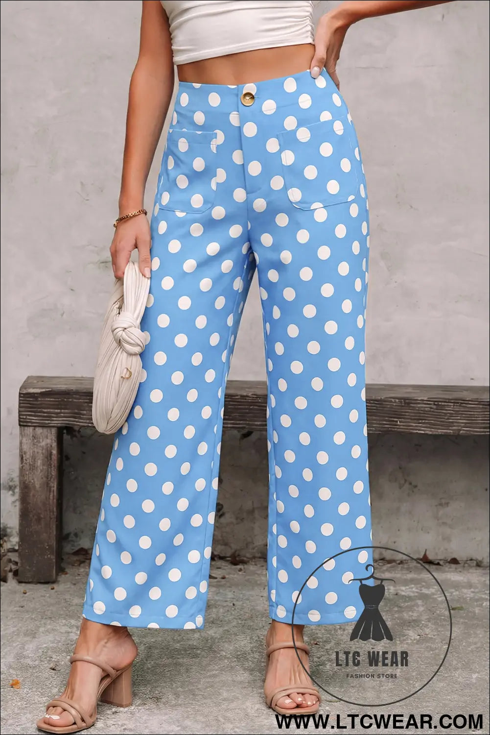 White Polka Dot Print Patched Pocket Mid-rise Straight Leg Pants - L.T.C Wear Online Fashion Store