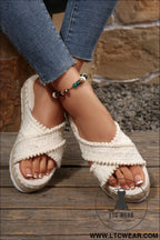White pompom knit platform slide slippers - slippers