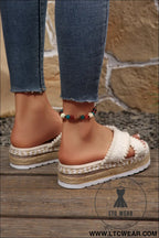 White pompom knit platform slide slippers - slippers