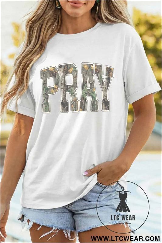 White PRAY Camo Letter Print Casual Round Neck T Shirt