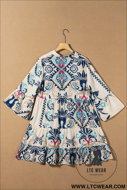 White Printed Tribal Bracelet Sleeve Buttoned Mini Dress - L.T.C Wear Online Fashion Store