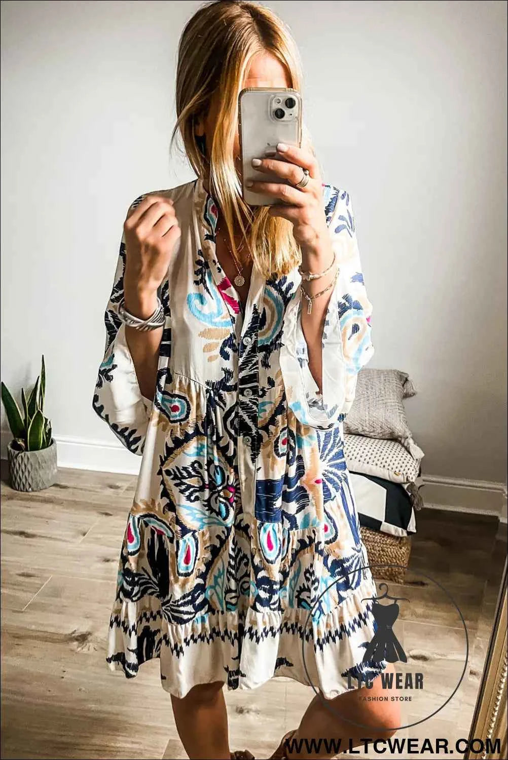 White Printed Tribal Bracelet Sleeve Buttoned Mini Dress