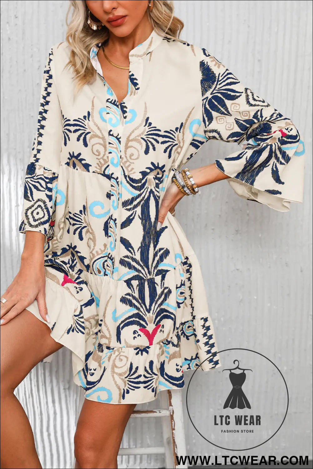White Printed Tribal Bracelet Sleeve Buttoned Mini Dress - L.T.C Wear Online Fashion Store