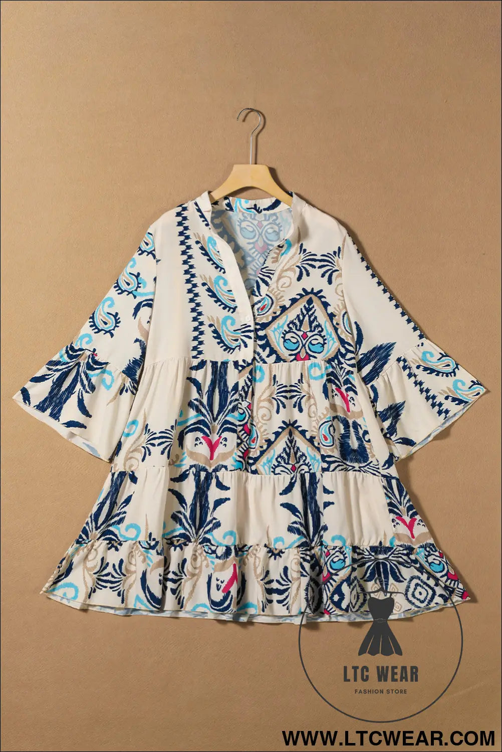White Printed Tribal Bracelet Sleeve Buttoned Mini Dress - L.T.C Wear Online Fashion Store