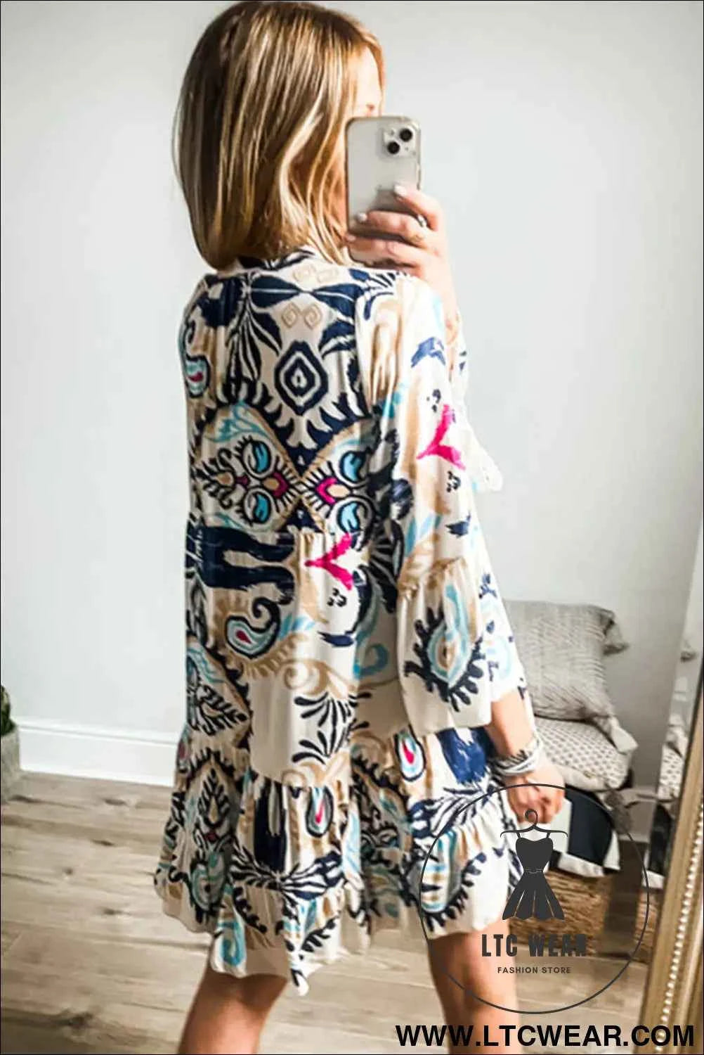 White Printed Tribal Bracelet Sleeve Buttoned Mini Dress