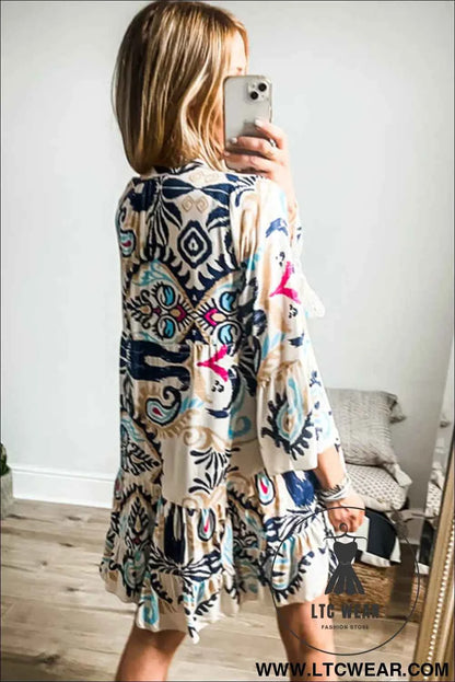 White Printed Tribal Bracelet Sleeve Buttoned Mini Dress