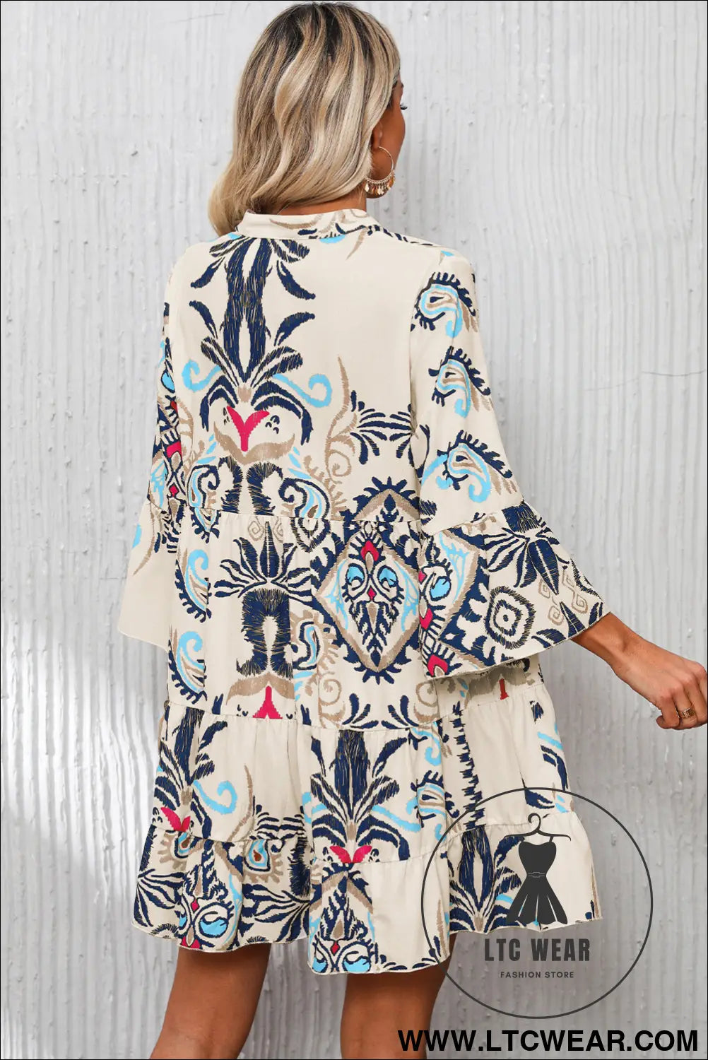 White Printed Tribal Bracelet Sleeve Buttoned Mini Dress - L.T.C Wear Online Fashion Store