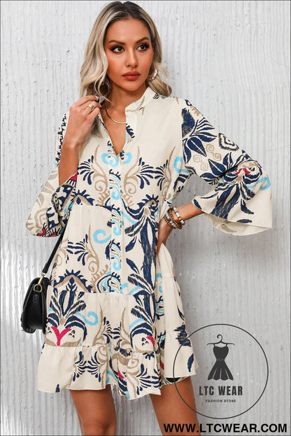 White Printed Tribal Bracelet Sleeve Buttoned Mini Dress - L.T.C Wear Online Fashion Store