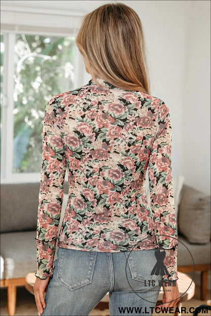 White retro floral print mock neck mesh long sleeve top - long sleeve tops