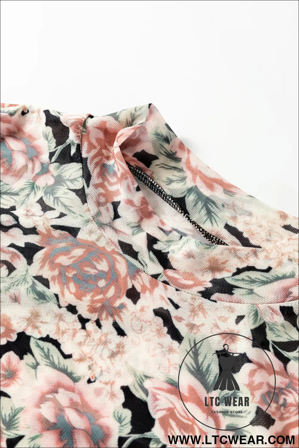 White retro floral print mock neck mesh long sleeve top - long sleeve tops