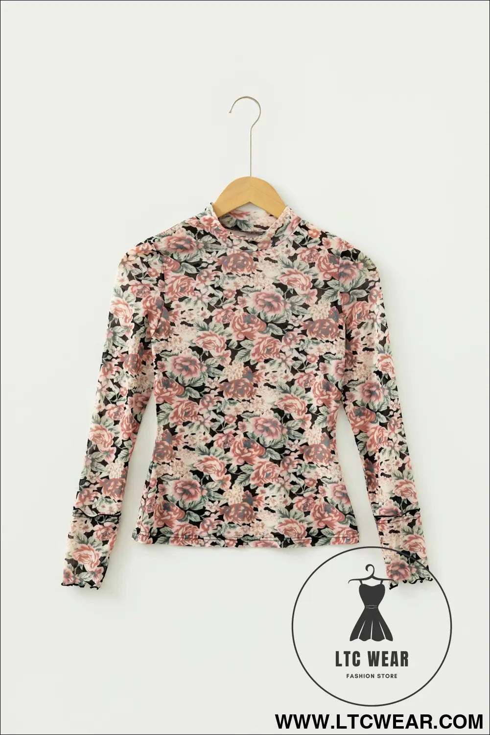 White retro floral print mock neck mesh long sleeve top - long sleeve tops