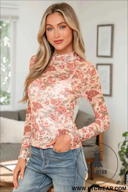White Retro Floral Print Mock Neck Mesh Long Sleeve Top