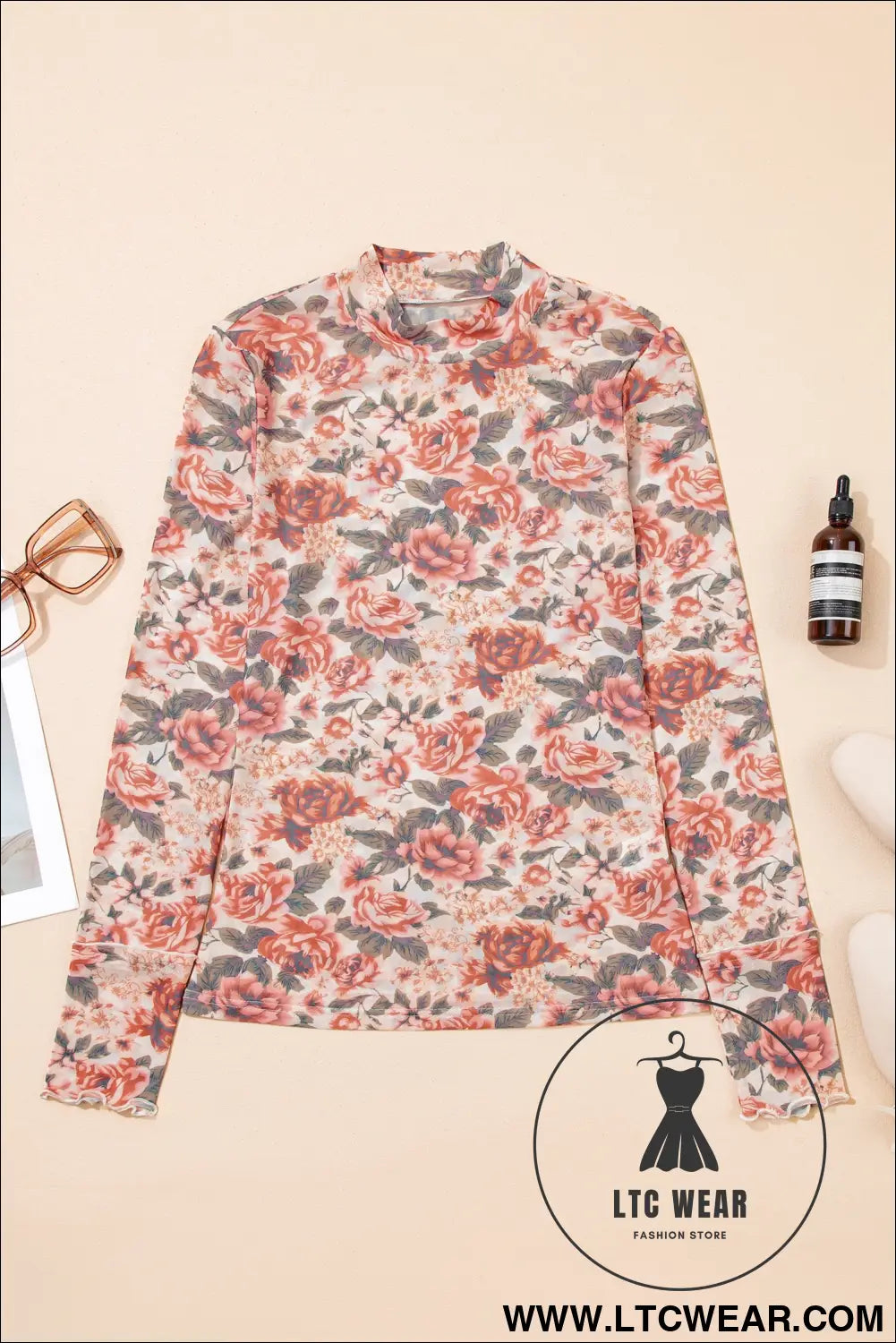 White retro floral print mock neck mesh long sleeve top - long sleeve tops