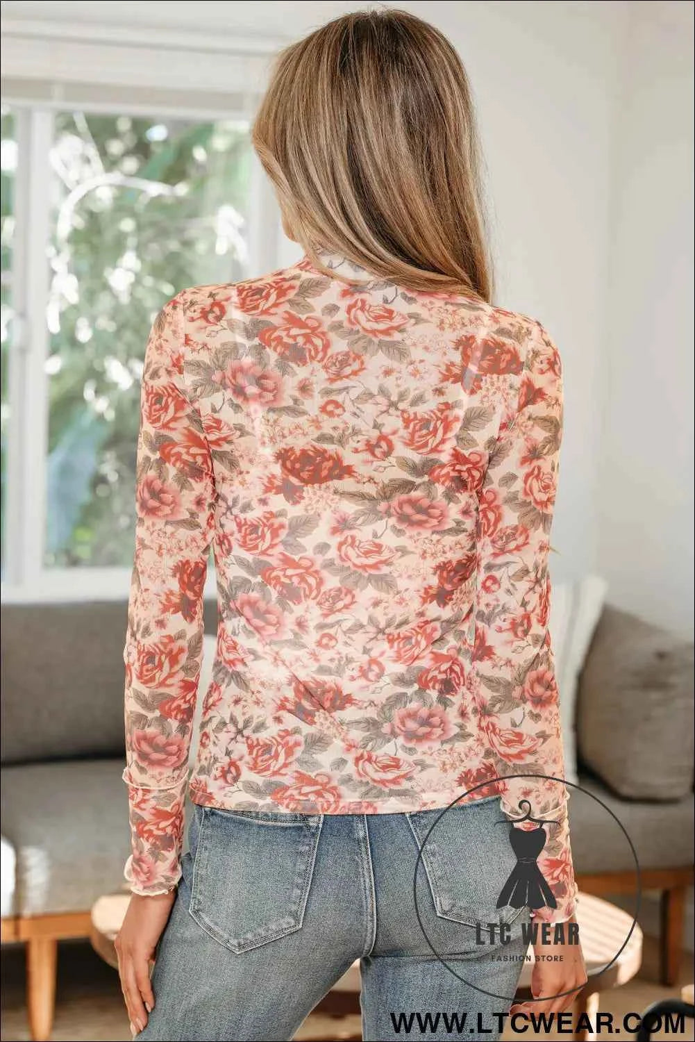 White Retro Floral Print Mock Neck Mesh Long Sleeve Top