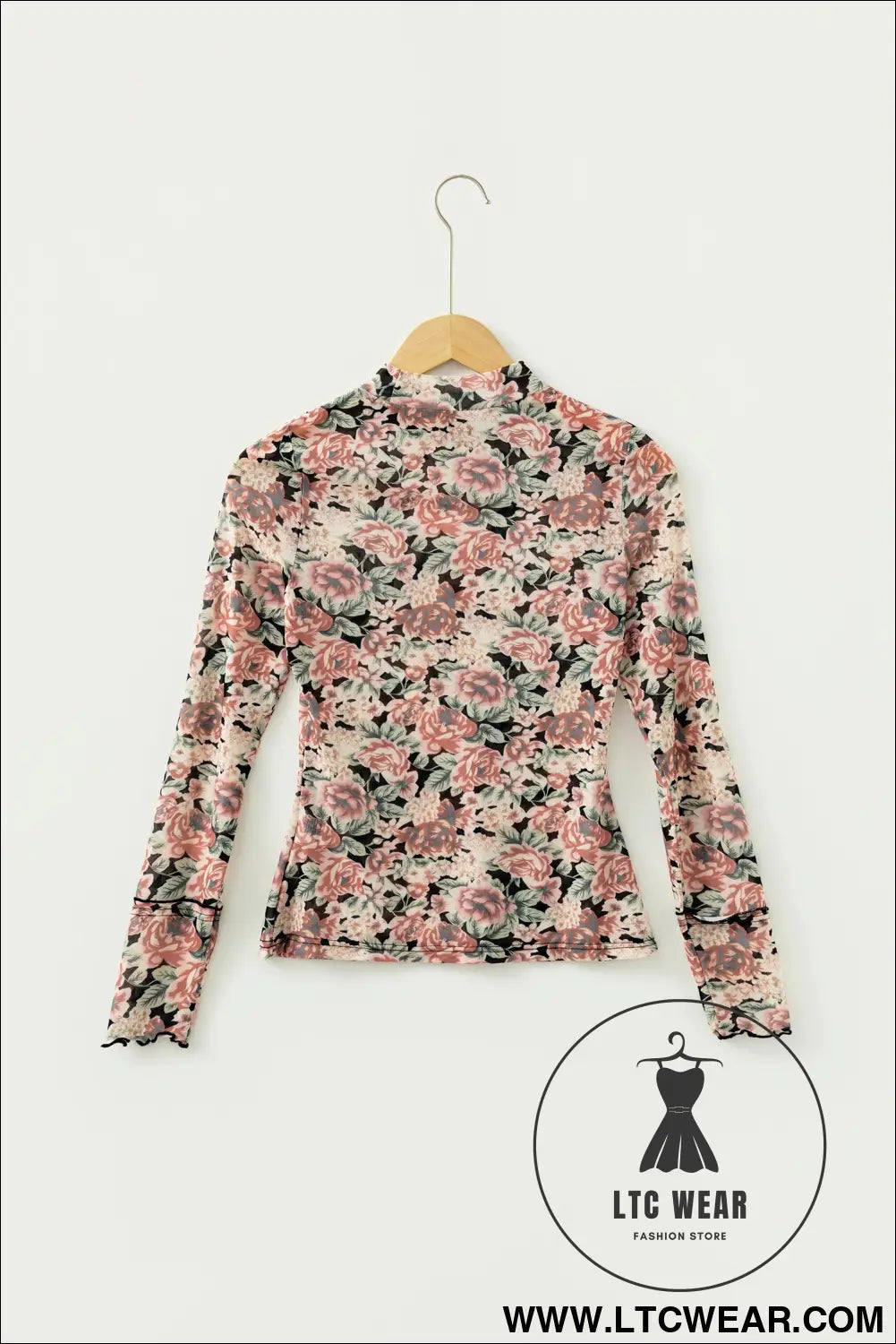 White retro floral print mock neck mesh long sleeve top - long sleeve tops