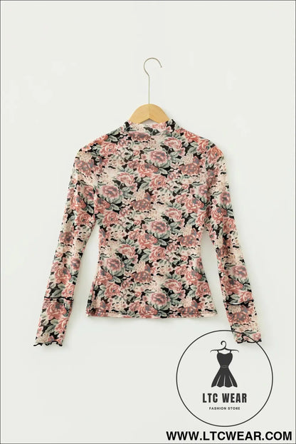 White retro floral print mock neck mesh long sleeve top - long sleeve tops