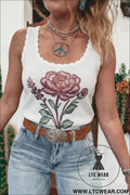 White retro floral print scalloped square neck knit sweater vest - white / l / 100% viscose - sweater vests