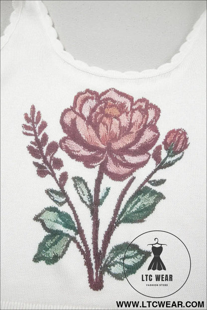 White retro floral print scalloped square neck knit sweater vest - sweater vests