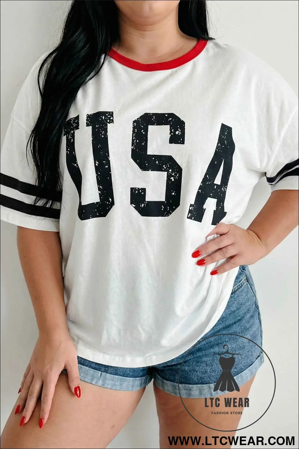 White Retro USA Striped Trim Short Sleeve Plus Size Tee