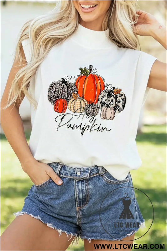 White Rhinestone Embellished Pumpkin Graphic High Neck Cap Sleeve Top