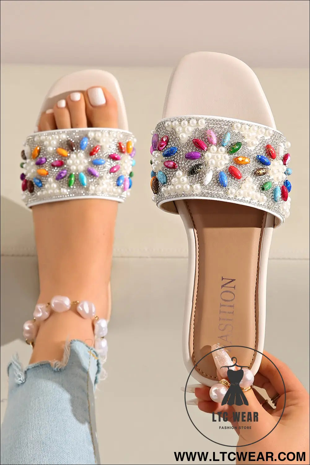 White rhinestone pearl decoration square head beach slippers - slippers