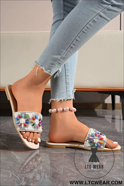 White rhinestone pearl decoration square head beach slippers - slippers