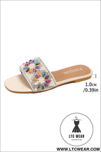 White rhinestone pearl decoration square head beach slippers - slippers