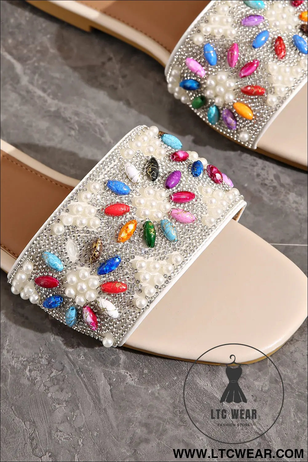 White rhinestone pearl decoration square head beach slippers - slippers