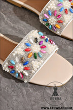 White rhinestone pearl decoration square head beach slippers - slippers