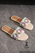 White rhinestone pearl decoration square head beach slippers - slippers