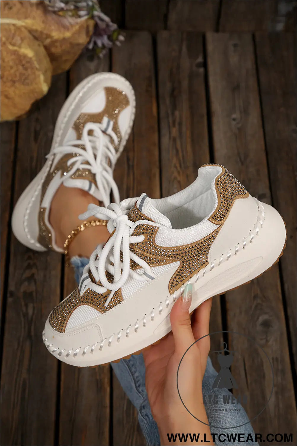 White rhinestone pu leather platform casual sneakers - white / 37 / 100% polyester + 100% tpr - womens shoes