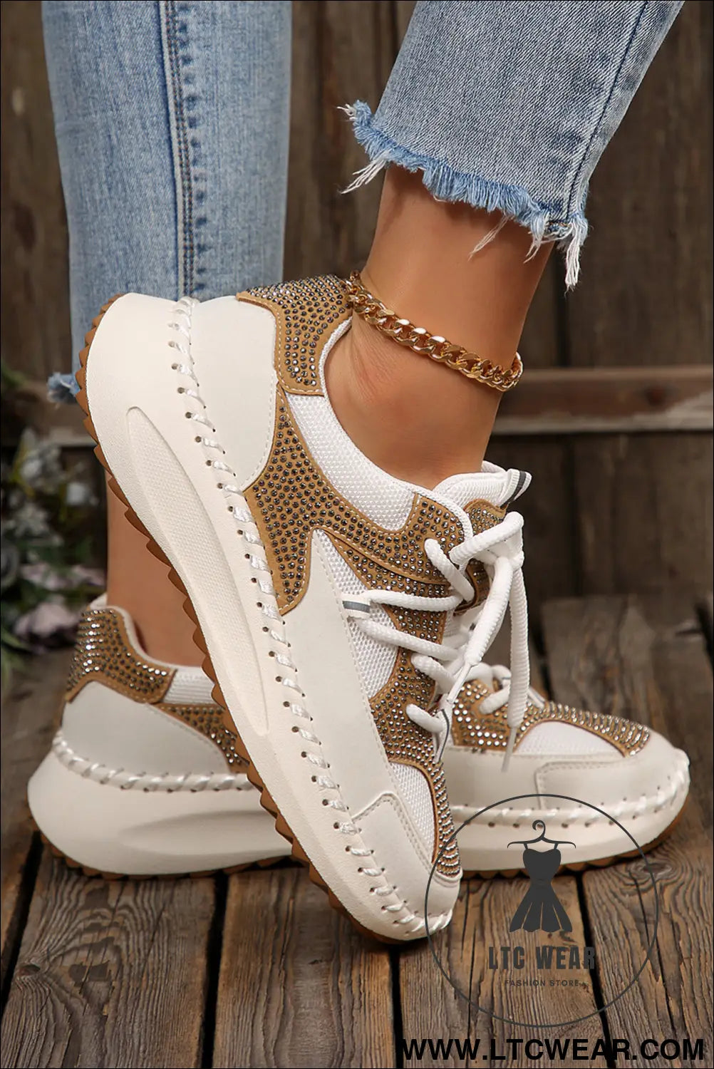 White rhinestone pu leather platform casual sneakers - womens shoes