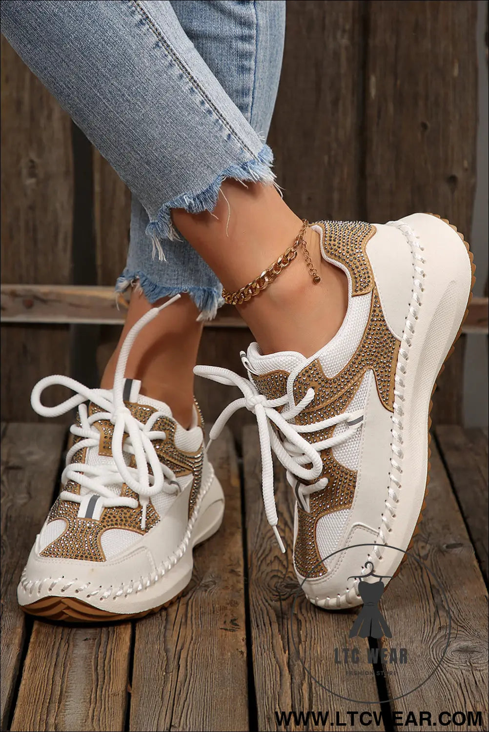 White rhinestone pu leather platform casual sneakers - womens shoes